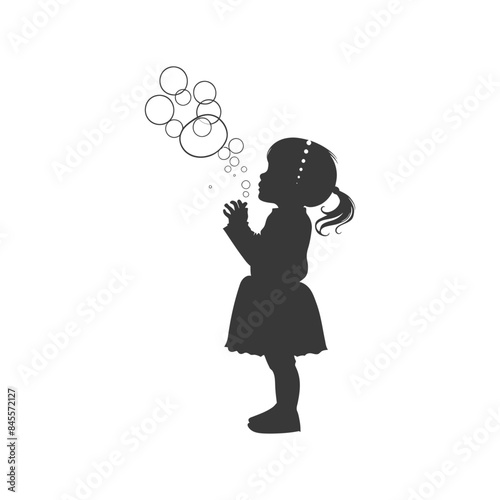 Silhouette of a Little Girl Blowing Bubbles, Isolated Vector Image.