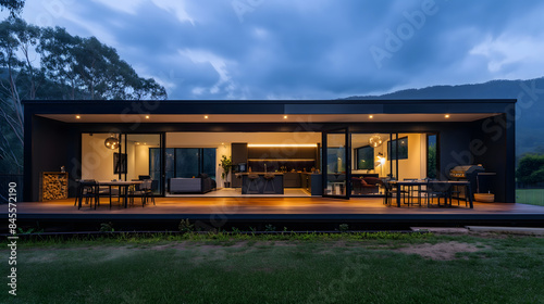 Modern Mountain Home Exterior at Dusk with Cozy Outdoor Living Space