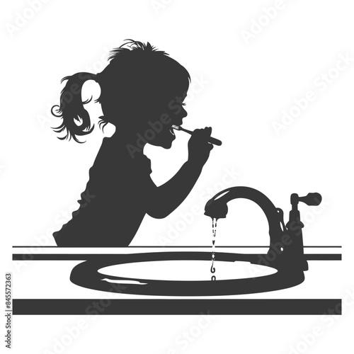 Silhouette of a Little Girl Brushing Teeth at Sink, Dark on White.