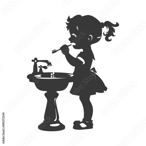 Silhouette of a Girl Brushing Teeth at Sink, Cleanliness Concept.