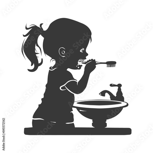 Silhouette: Little Girl Brushing Teeth at Sink - Oral Hygiene Routine, Childcare Icon
