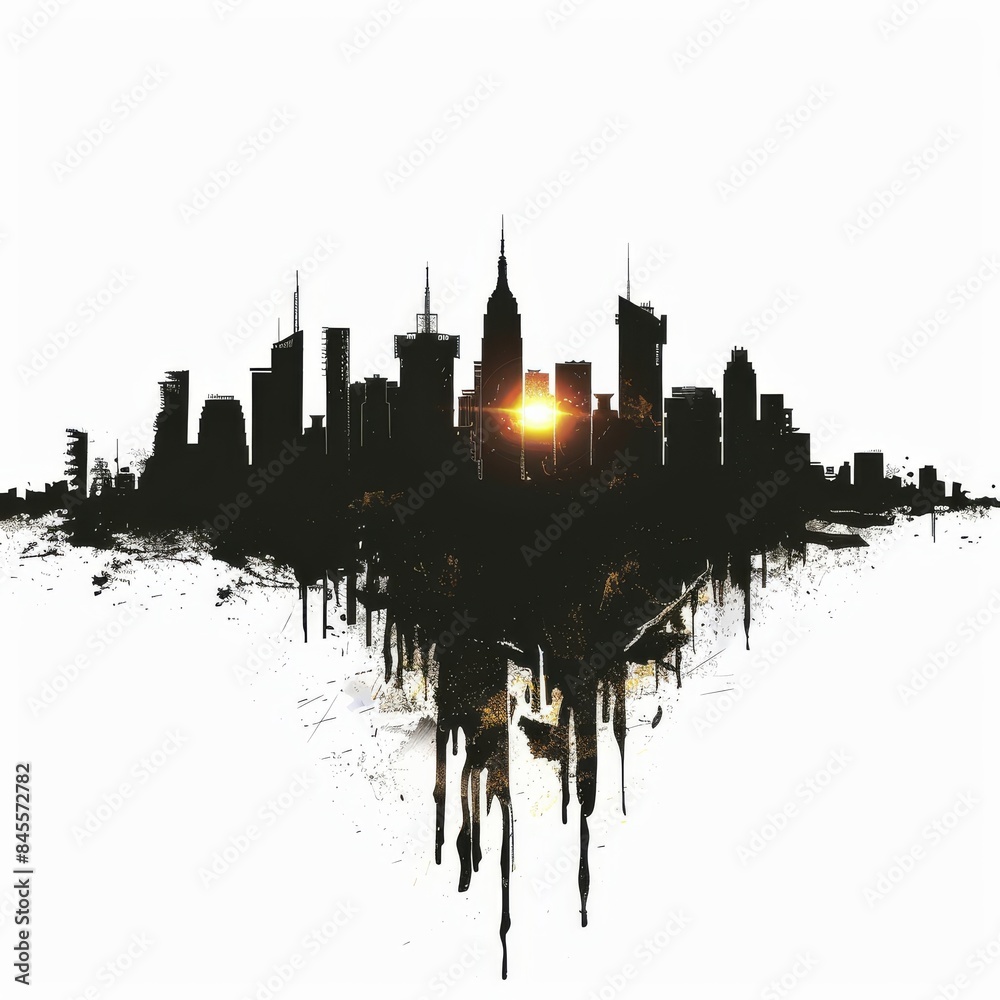 Naklejka premium ast Post-Apocalyptic City Skyline at Sunset - Premium Pen Tool Cutout isolated on white background 