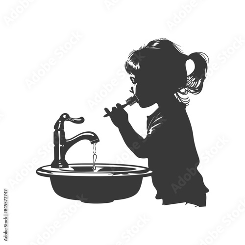 Silhouette: Little girl brushing teeth at sink, water running. Dental hygiene.