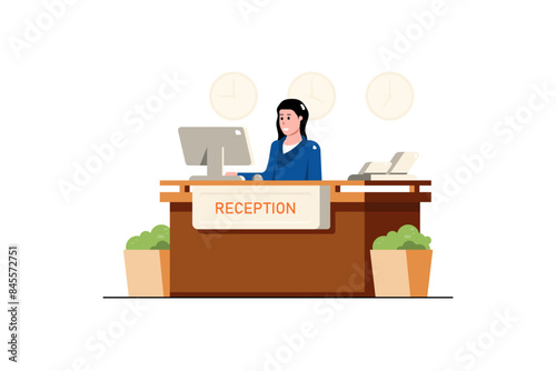 Receptionist hotel service with counter desk on isolated background, Vector illustration.