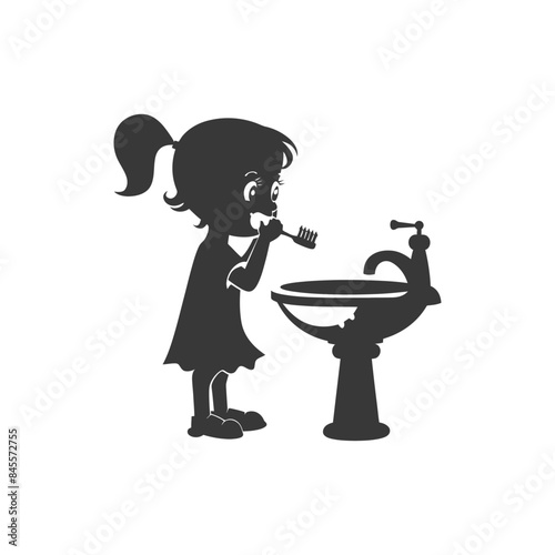 Silhouette of a Girl Brushing Teeth at a Vintage Pedestal Sink.