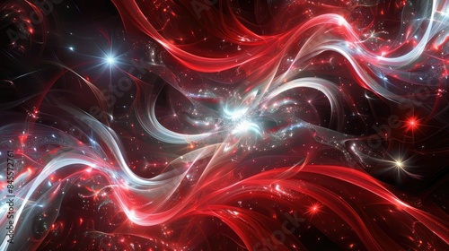 Vibrant neon red and white swirls and stars creating a lively abstract design.