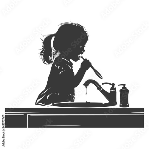 Silhouette of a Little Girl Brushing Teeth at the Sink, Water Dripping.