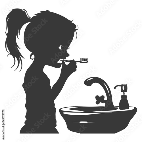 Silhouette: Girl Brushing Teeth at Sink, Hygiene Routine.