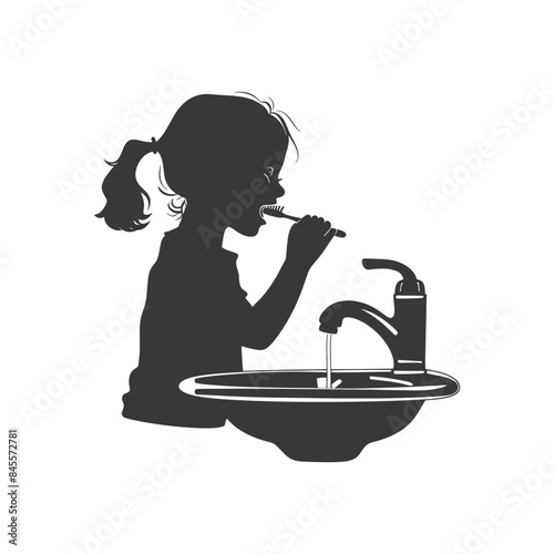 Silhouette: Young girl brushing teeth at sink, daily hygiene routine graphic.