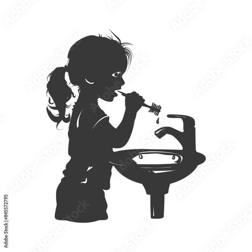 Silhouette: Young girl brushing teeth at sink, water dripping. Hygiene.