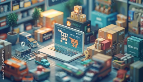An online transaction scene showing a customer from one country purchasing goods from a business in another country, with icons representing various currencies and shipping options