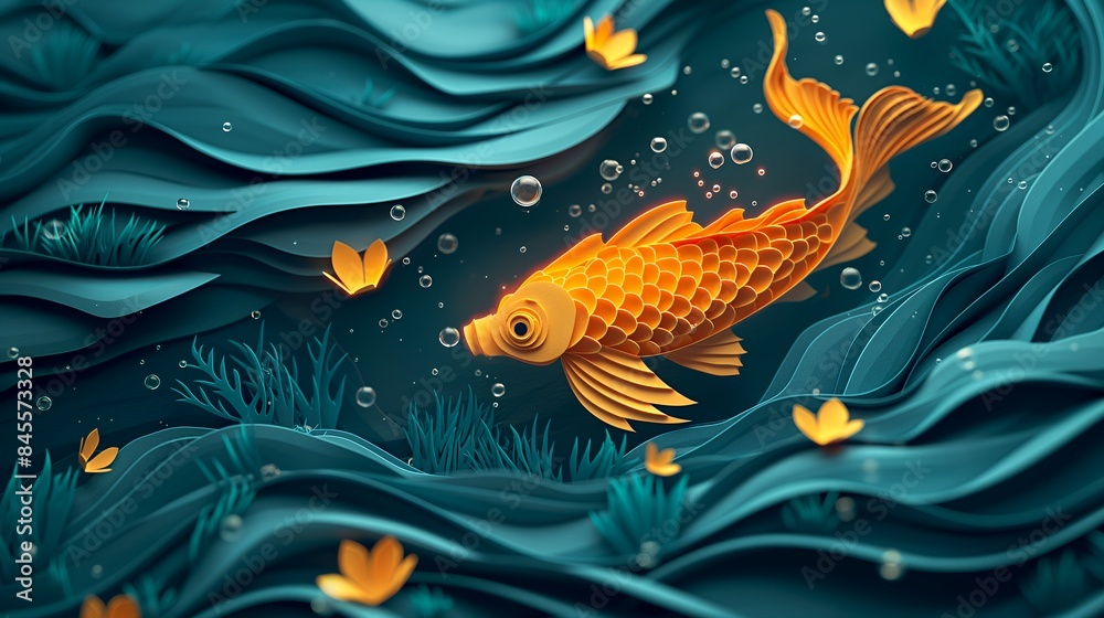Paper cut Goldfish in Flowing Underwater World