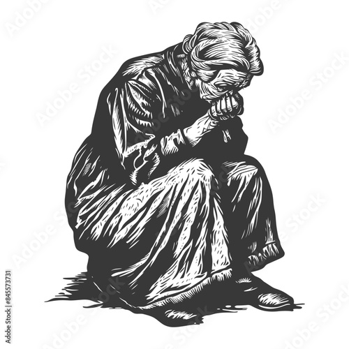 Woodcut Anguish: Elderly Woman in Grief, Head in Hands, Depressed Pose.