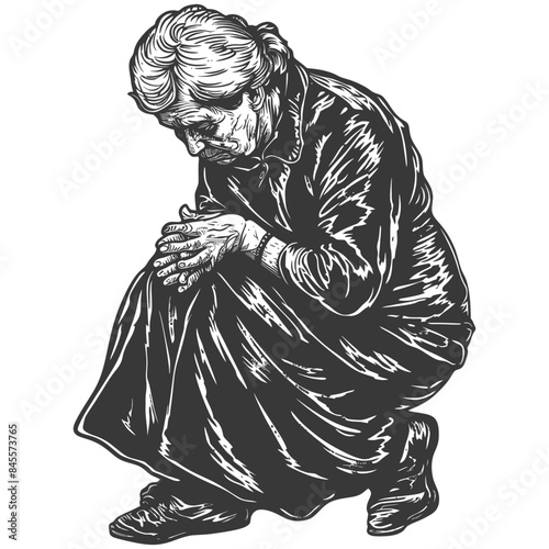 Engraved Illustration: Elderly Woman Crouching in Prayer, Wrinkled Hands Clasped, Somber Black and White.