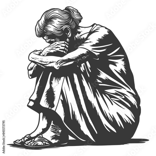 Woodcut Grief: Elderly Woman Clenched in Despair, Monochrome Depression.