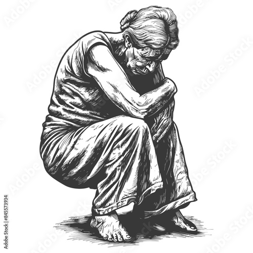 Etched Grief: Hunched Elderly Woman, Pen & Ink Vulnerability, Isolated.