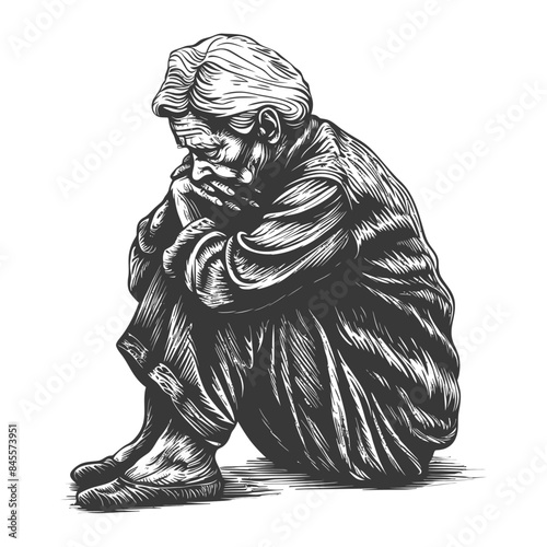 Ink Sketch: Seated Elderly Woman in Deep Thought, Wrinkled and Downcast.