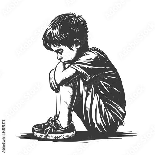 Monochrome Melancholy: Boy Crouching, Head on Knees, Etched Detail.