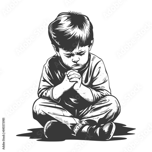 Engraved Boy Praying: Cross-legged, Hands Clasped, Downcast Gaze, Monochrome Vector Illustration