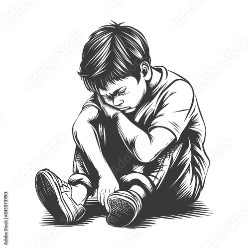 Monochrome Boy Silhouette: Pensive, Seated, Toes Pointed Out, Cartoon Style