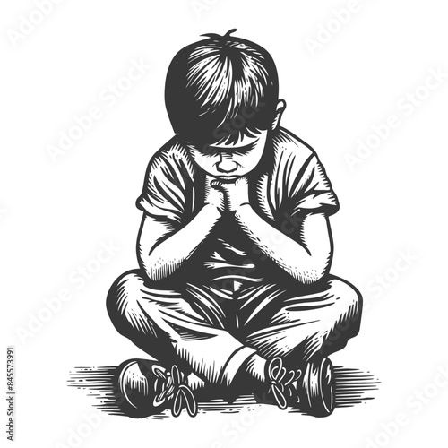 Pensive Boy Praying: Cross-Hatch Illustration of a Sad Child Seated in Reflection