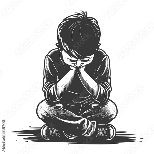 Sketch of a Pensive Boy Sitting Cross-Legged, Head in Hands, Monochrome Illustration