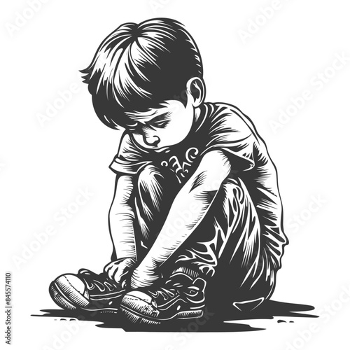 Pensive Boy, Black and White Graphic Illustration, Tying Shoes, Focused, Child Development.