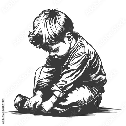 Pensive Child: Vintage Engraving of a Boy Contemplating, Solemn and Seated on the Ground.