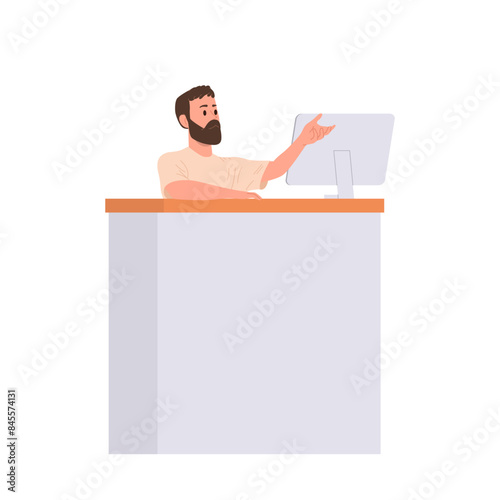 Man librarian cartoon character working at desk with computer isolated on white background