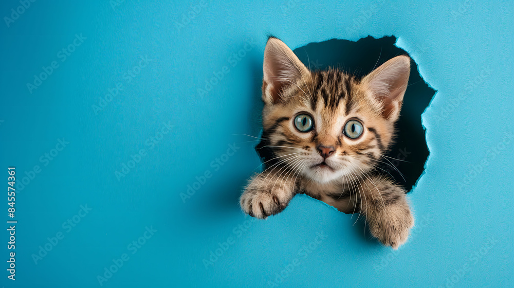 Curious Kitten Peering Through a Torn Blue Paper Background Curious Kitten Peering Through a Torn Blue Paper Background