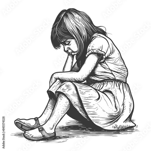 Pensive Child Sketch: Sad Girl Sitting with Head in Hand, Engraved Illustration.