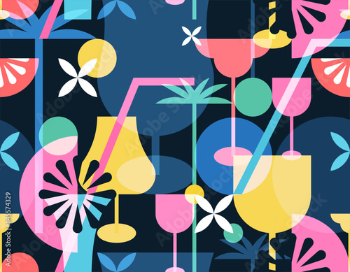 Multicolor cocktails seamless pattern. Summer tropical beach bar abstract color block geometric print background. Vector illustration. Night party banner, poster design elements
