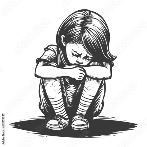 Monochrome Sadness: Lonely Little Girl Curled Up, Vector Illustration.