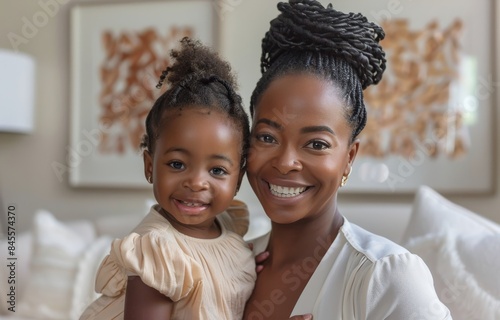 Happy Mother and Daughter Smiling Together in a Cozy Home Interior