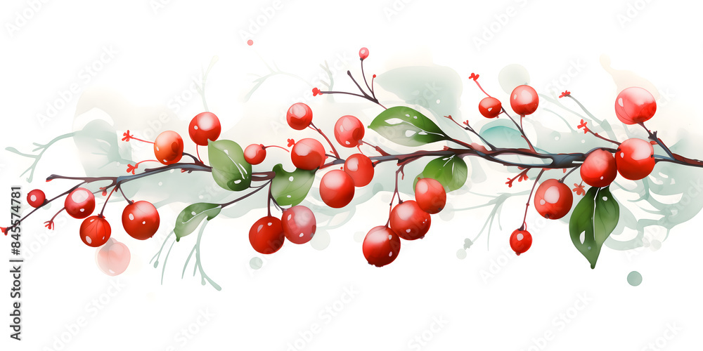 Elegant Watercolor Painting of Red Berries on Branch Elegant Watercolor Painting of Red Berries on Branch