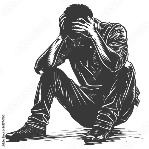 Despair in Ink: Isolated Man, Head in Hands, Striking Black and White Illustration.