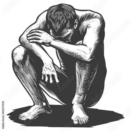 Etched Despair: Crouching Figure, Shadowed in Sorrow, Pen & Ink Illustration.