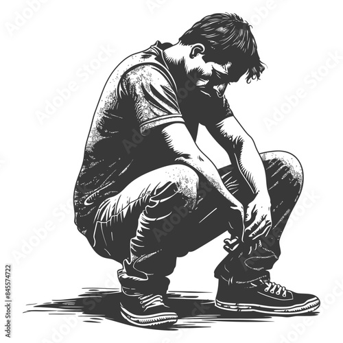 Monochrome Despair: Man Squatting, Head Down, Heavy Heart Vector.