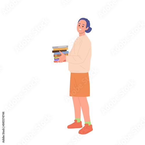 Young woman literature fan cartoon character holding stack of paper books to read isolated on white