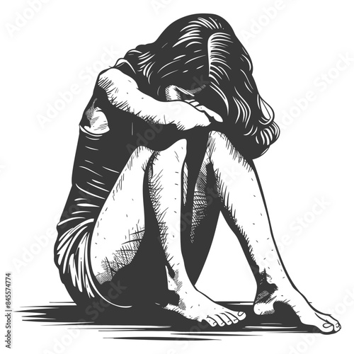 Isolated Woman: Anguish and Despair in Monochrome Illustration