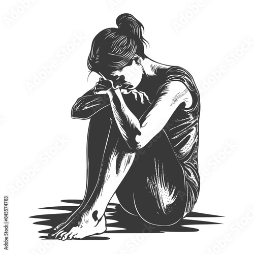 Ink Wash Woman: Head in Hands, Emotional Distress, Solitude.