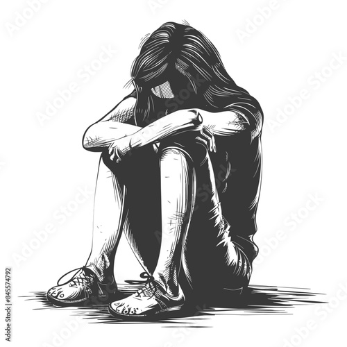 Ink Sketch: Despondent Figure Crouched, Head Down, Embracing Knees in Isolation.