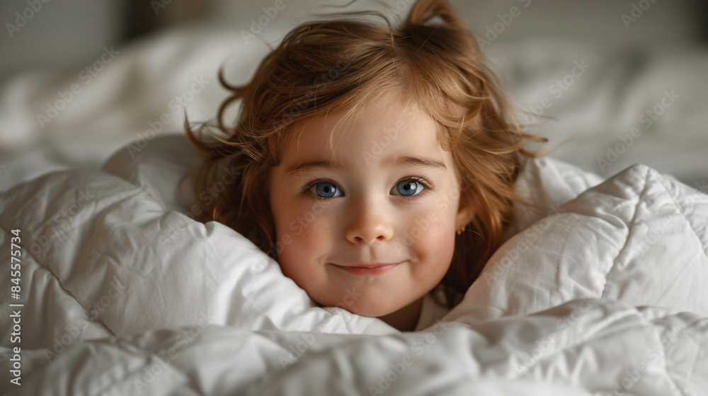 Baby girl under a soft duvet, waking up with a cheerful face, ready to start the day Baby girl under a soft duvet, waking up with a cheerful face, ready to start the day