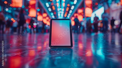 a captivating photograph, a horizontal tablet with a touchscreen display rests against the backdrop of a bright and well-attended exhibition hall.