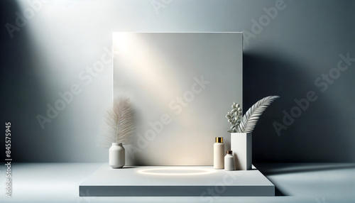  Scena Minimalista con Sfondo Grigio Chiaro e Decorazioni in Ceramica