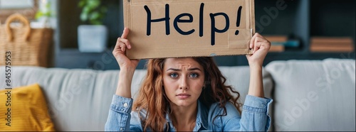 A woman sitting on the couch, holding up an empty cardboard sign with 