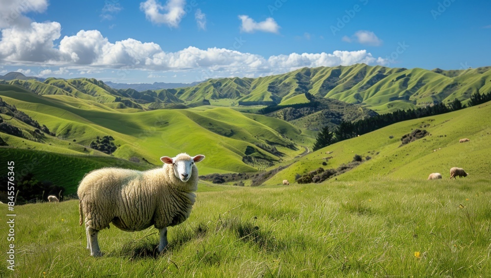 Fototapeta premium Sheep Grazing in Rolling Green Hills