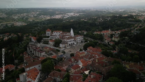 A stunning aerial view of the historic town of Sintra, Portugal including the Sintra National Palace