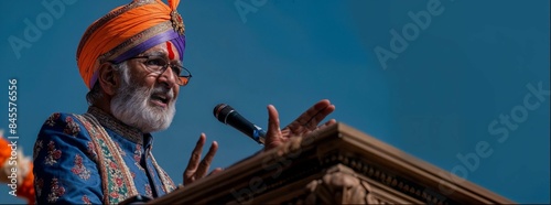 Public Indian politician speaker delivering a powerful speech,  vibrant colors, oratory skills, engaging audience.