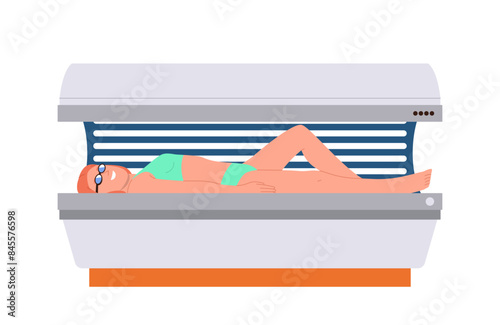 Happy smiling woman isolated cartoon character wearing bikini sun burning in solarium machine